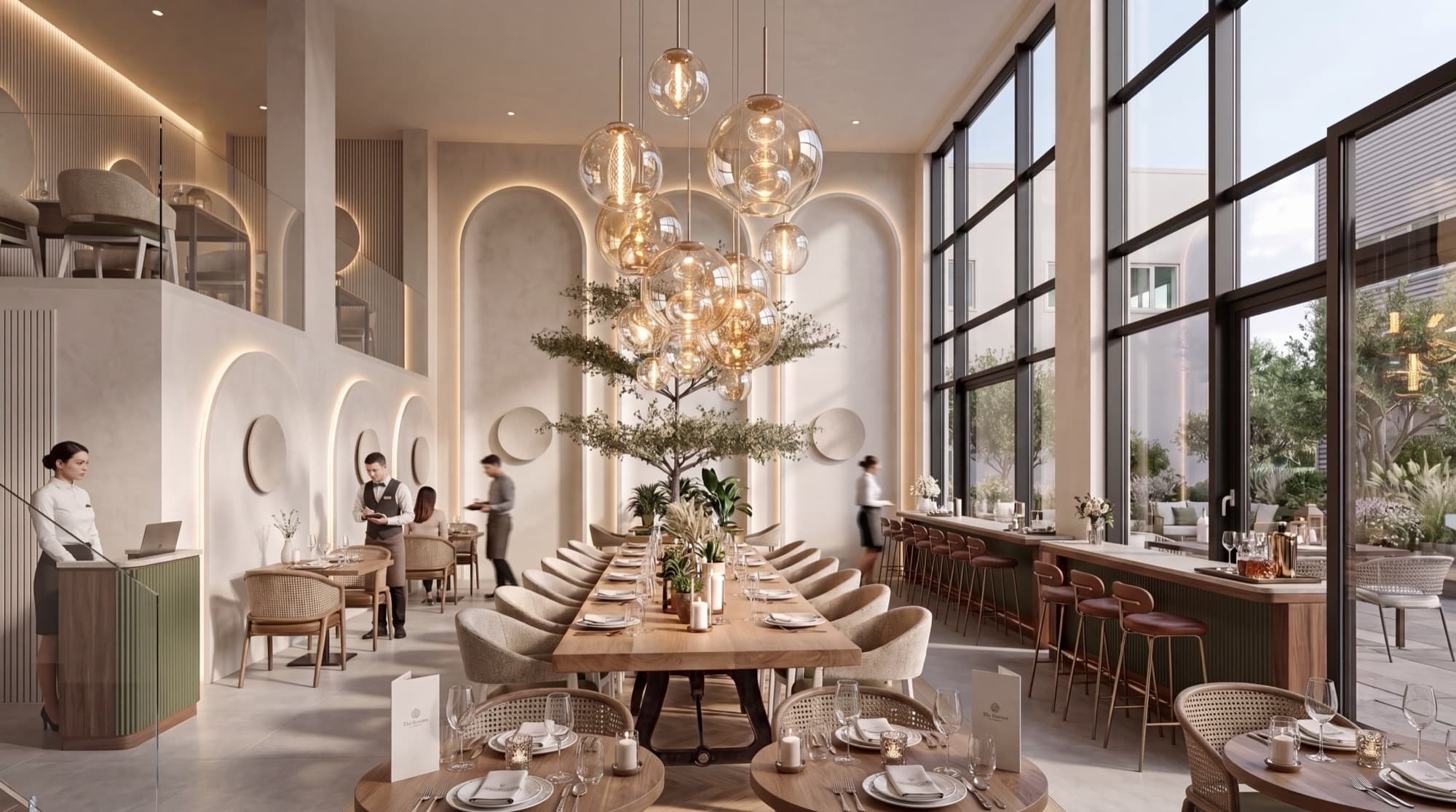 Long communal table beneath clustered glass pendants