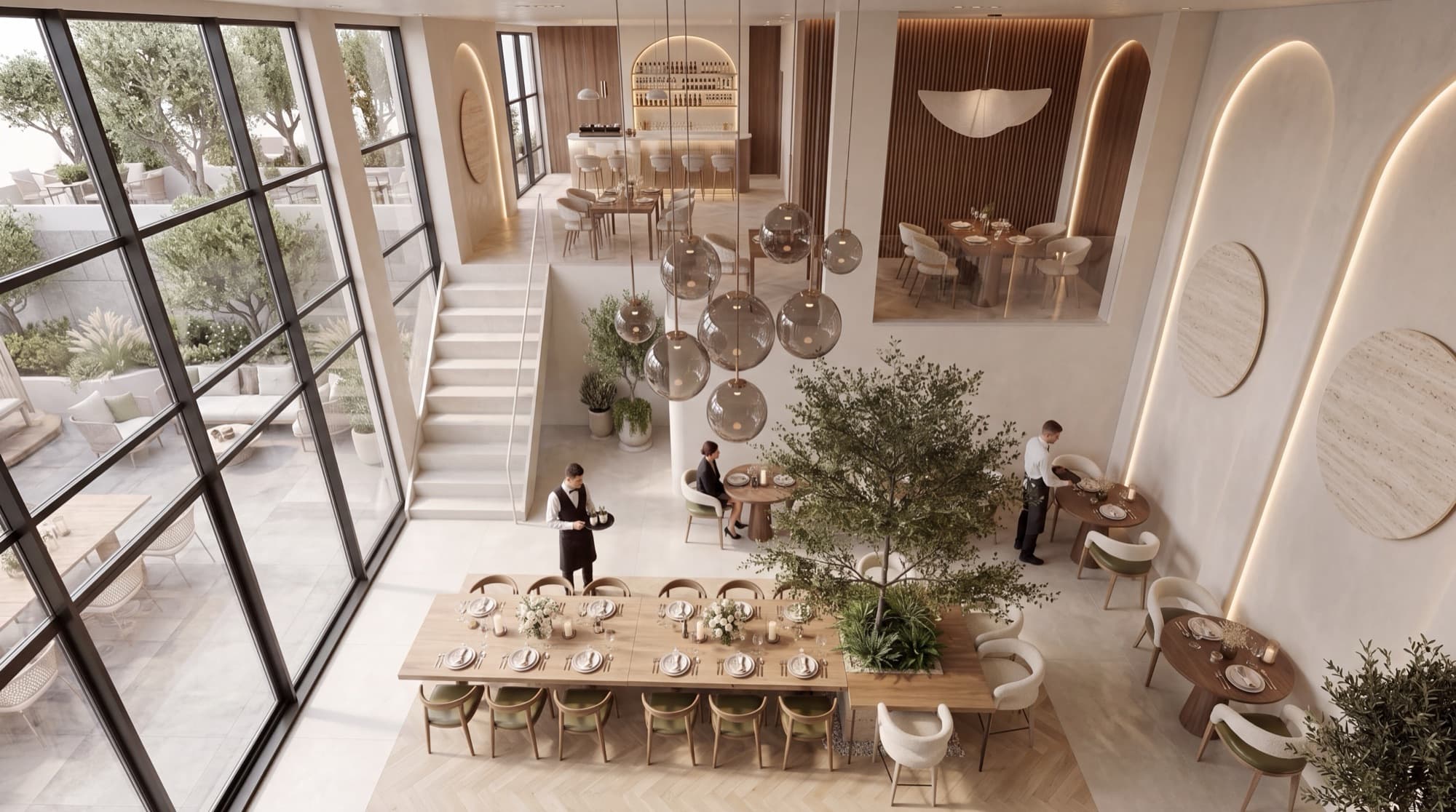 Aerial view of the dining room, terrace and mezzanine