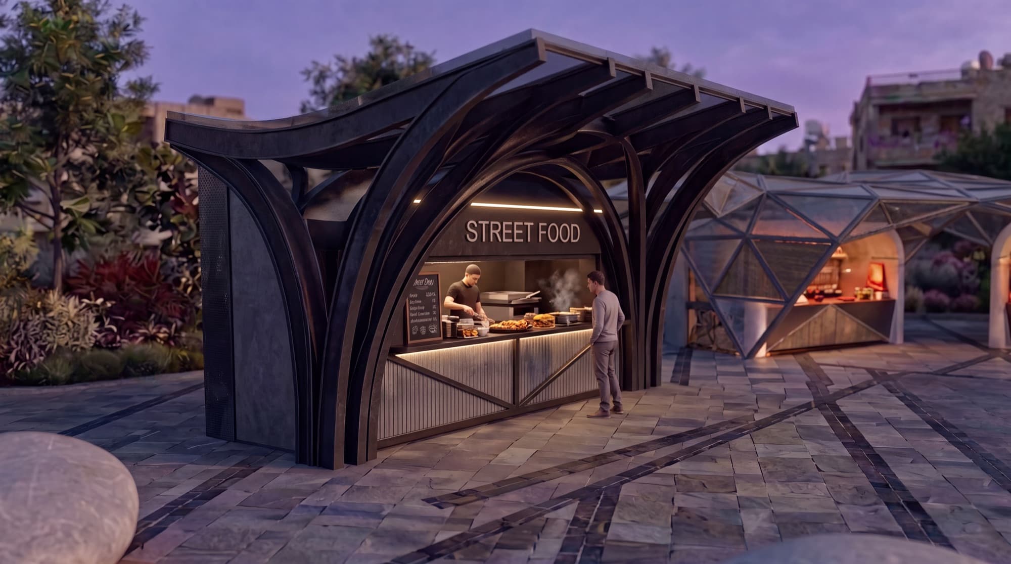 Street food kiosk beneath an arched black canopy at night
